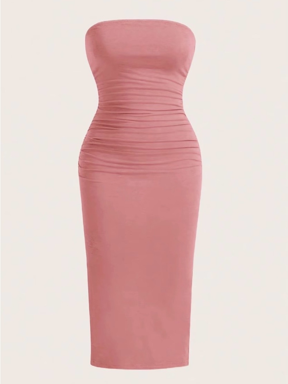 Elegant Strapless Ruched Midi Dress in Dusty Rose